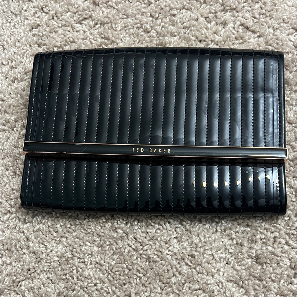 Ted Baker Black Quilted Patent Bar Clutch/ Handbag with Gold Accent